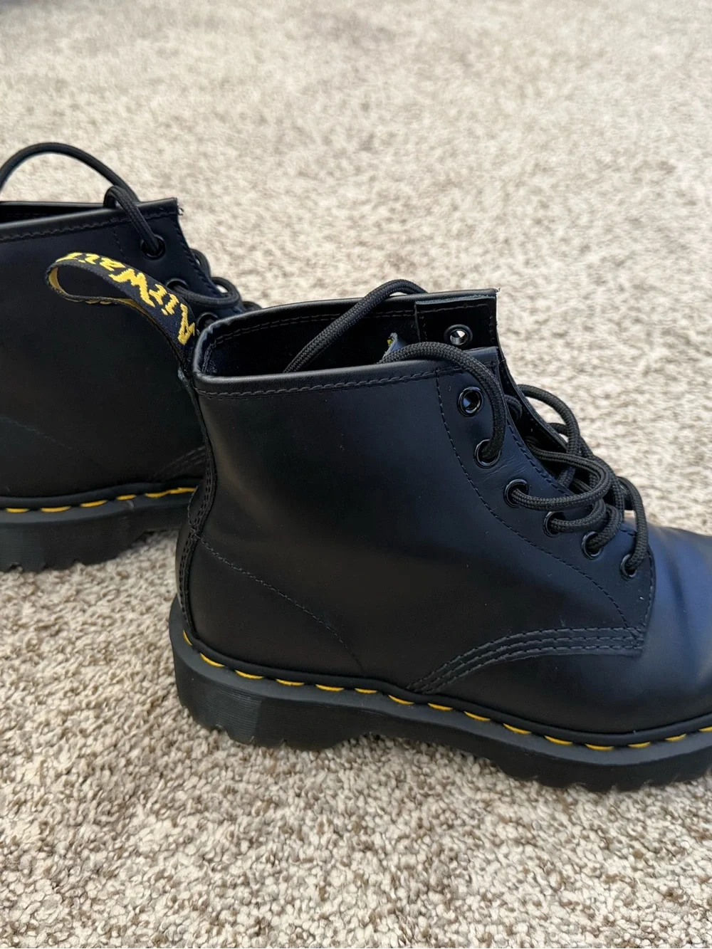 Dr. Martens Black Leather 6-Eye Lace-Up Boots with Yellow Stitching